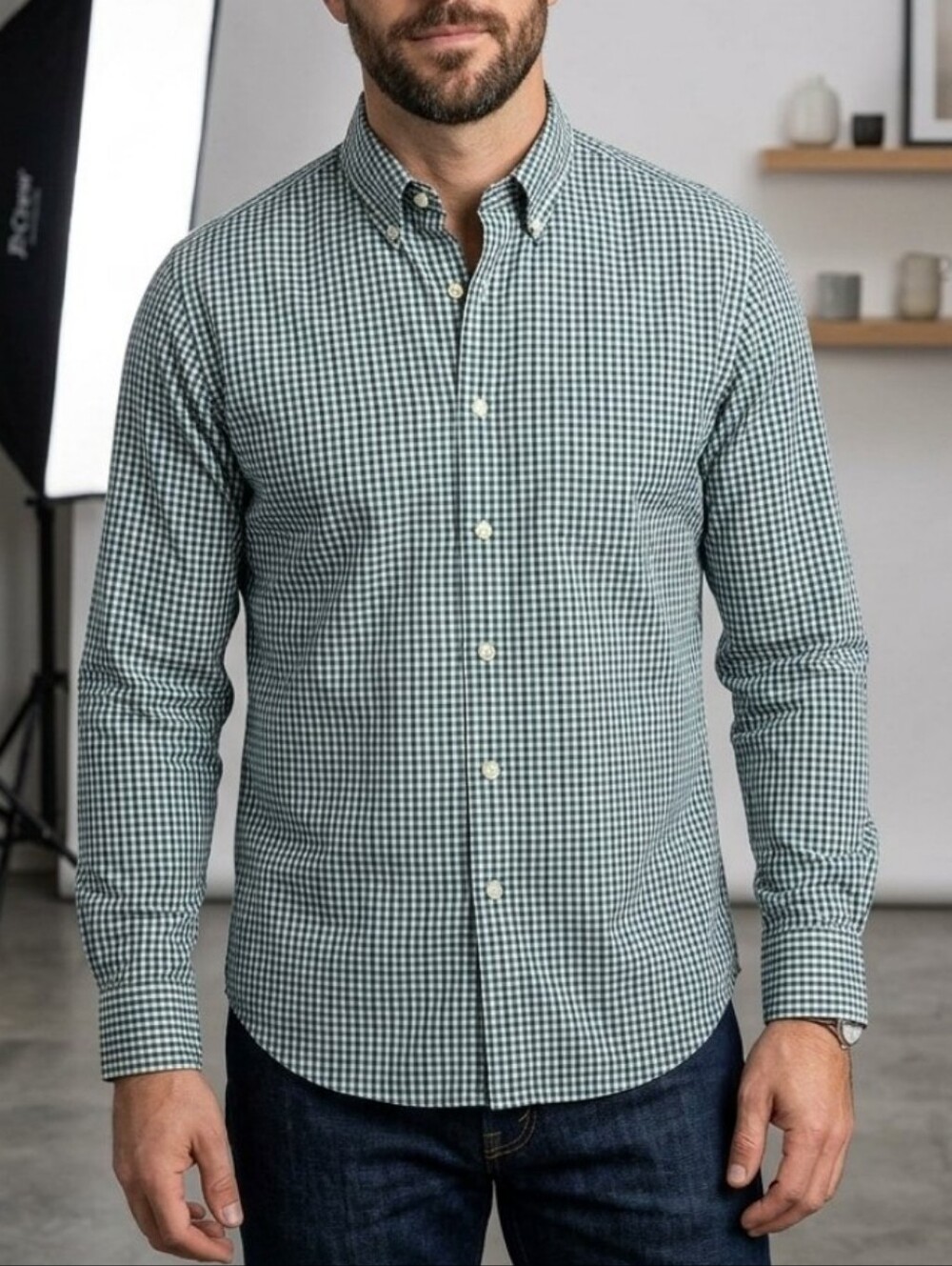 J Crew Shirting Tailored Fit Green Blue Check Button-Down Long Sleeve Shirt